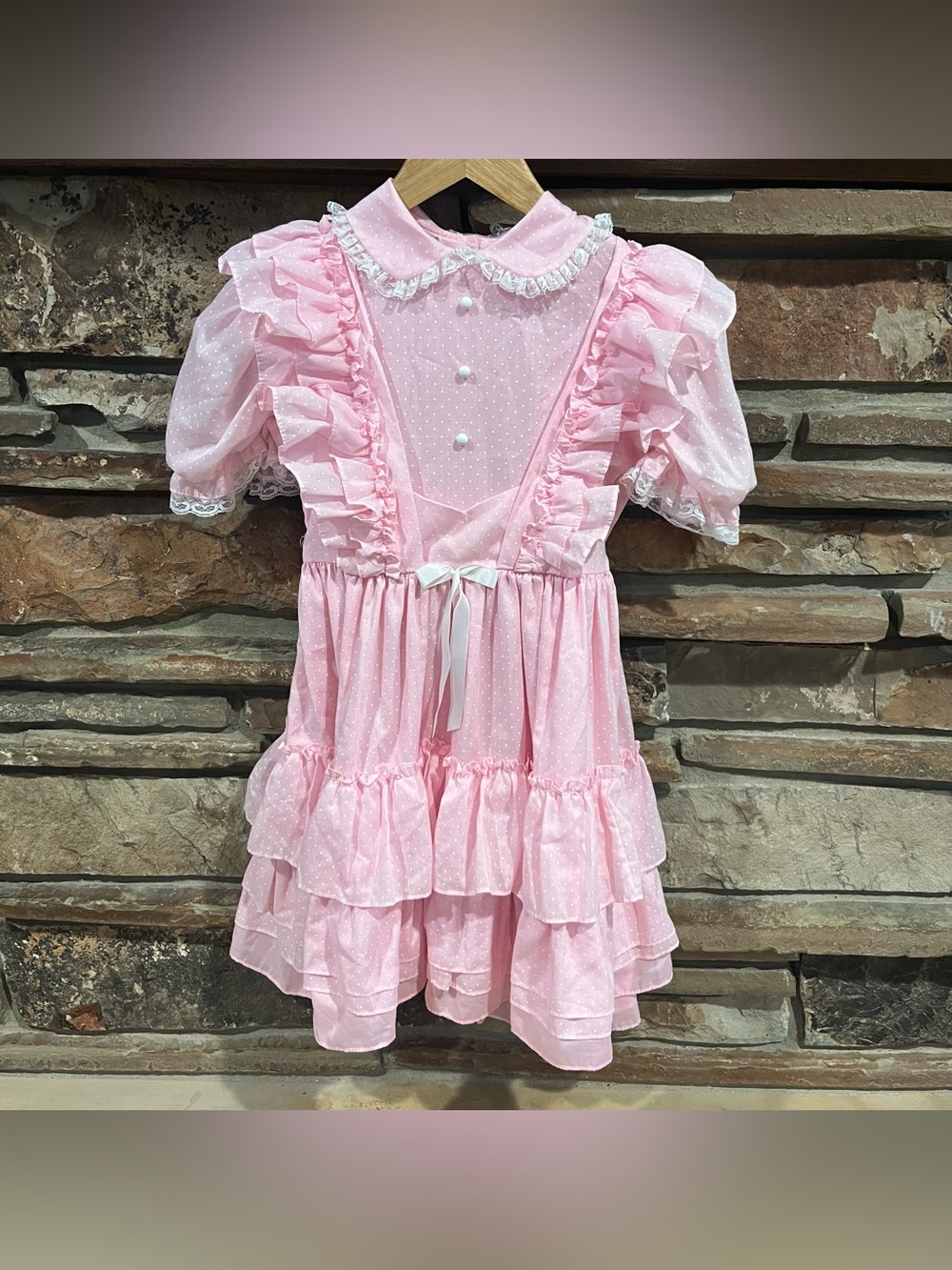 Vintage 80s Mini World Pink Ruffle Polka Dot Dress with Lace Trim